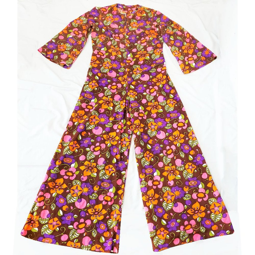 Vintage 60s 70s Womens Rare Psychedelic Floral Print Velour Jumpsuit Loungewear - Picture 6 of 13
